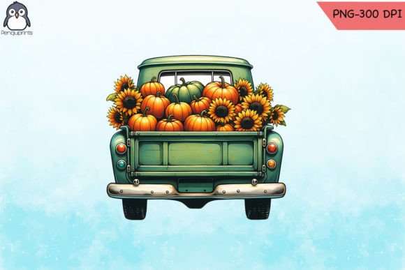 Retro Green Sunflower Truck PNG Graphics for Crafts